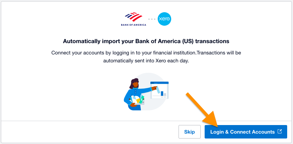 Connect Bank account screen in Xero highlighting the Login and Connect Accounts button
