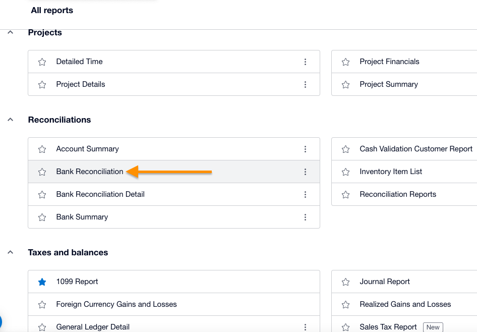 Reports page in Xero highlighting the Bank Reconciliation report