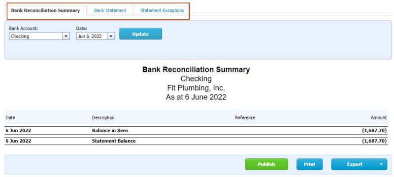 Sample Bank Reconciliation Summary report in Xero