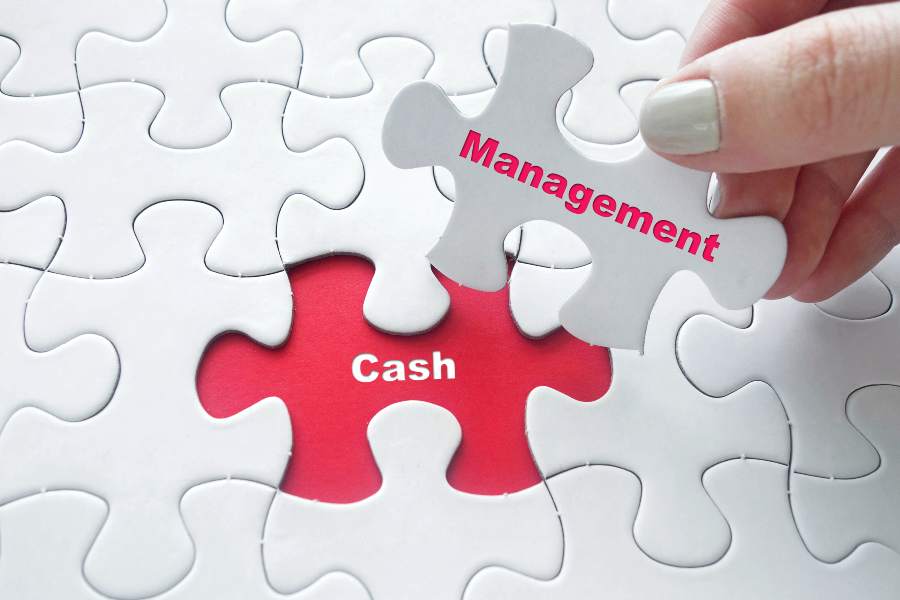 Cash Management word written in a white and red puzzle pieces.