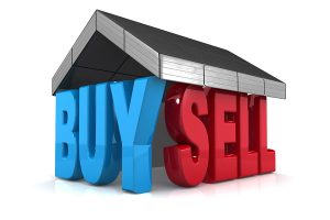 Buy and sell text graphics with a form of a house.