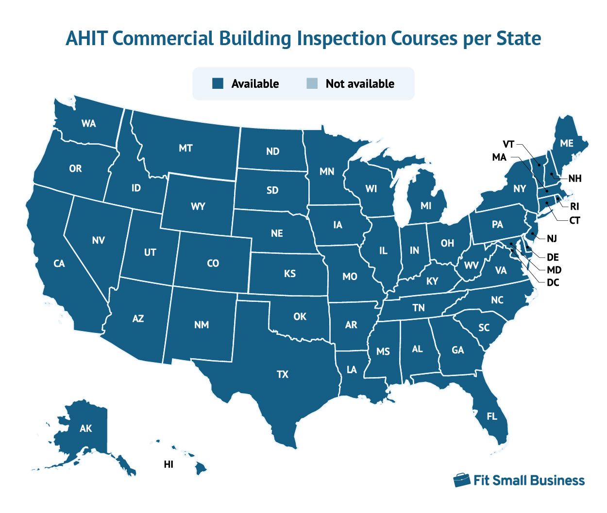 The map showing for a AHIT Commercial Building Inspection Courses per State.