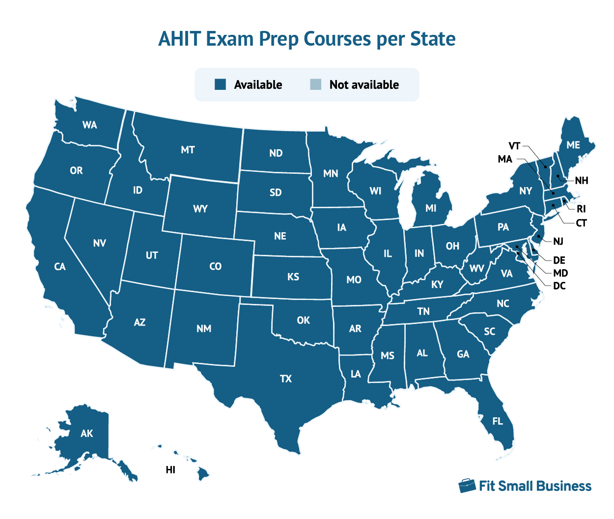The map showing for a AHIT Exam Prep Courses per State.