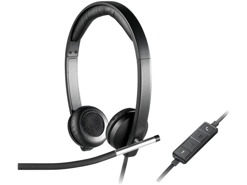 The Logitech H650E headset with an accompanying image of the wired cable in-line control buttons.