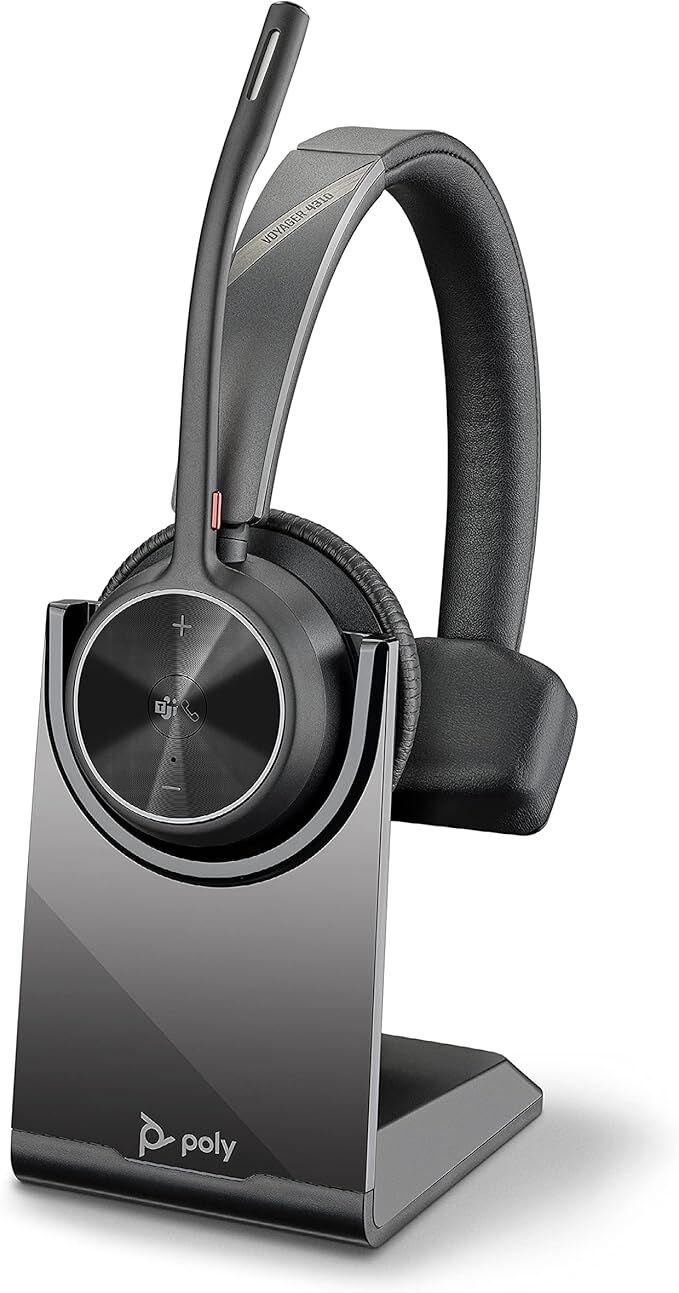 The Poly Voyager 4310 headset on a stand.