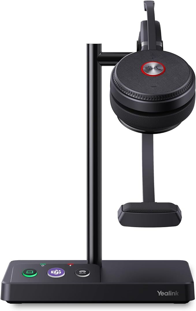 The Yealink WH62 Mono headset with power controls on a headset stand.