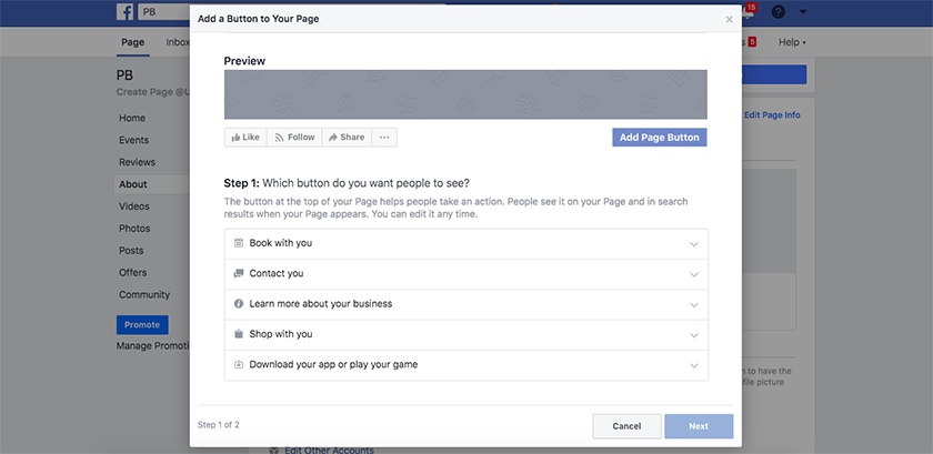 Adding a call-to-action button for your Facebook business page.