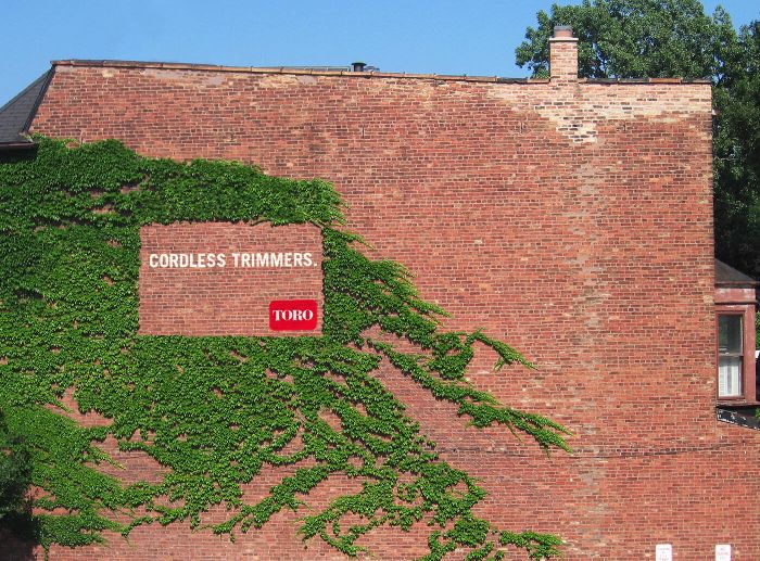 TORO billboard-like ad of ivy trimmed on a brick wall.