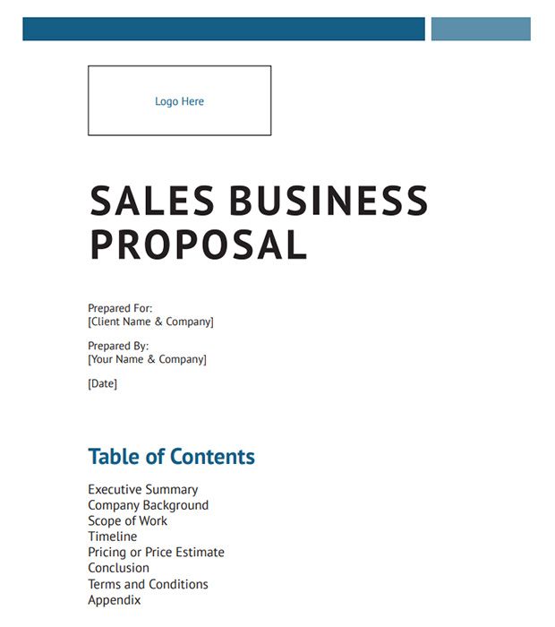 A screenshot of Fit Small Business' Sales Business Proposal Template cover page