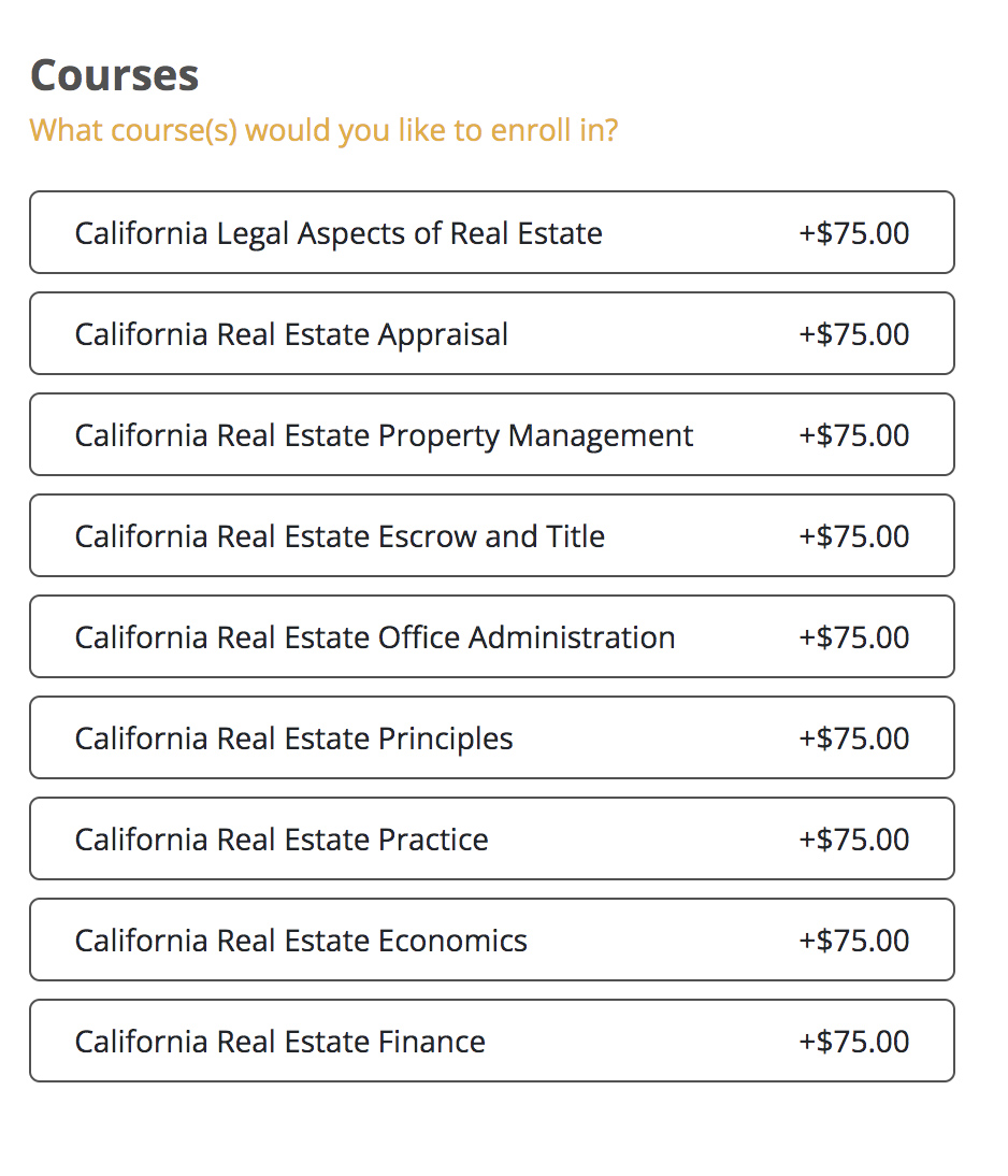 California Realty Training list of class offerings.