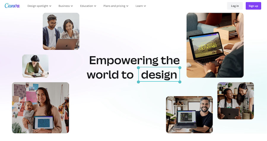 Canva's design platform USP seen on its homepage: Empowering the world to design.