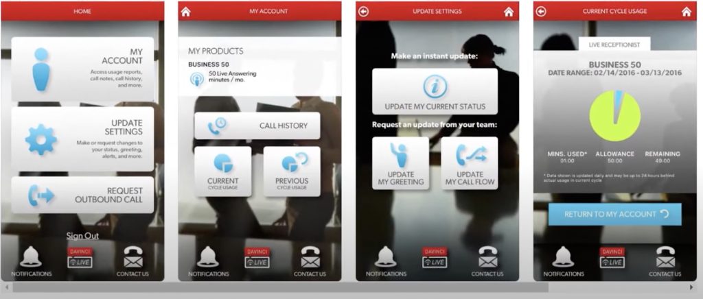 Davinci's mobile app interface showing screens for account management, product management, settings, and cycle usage.