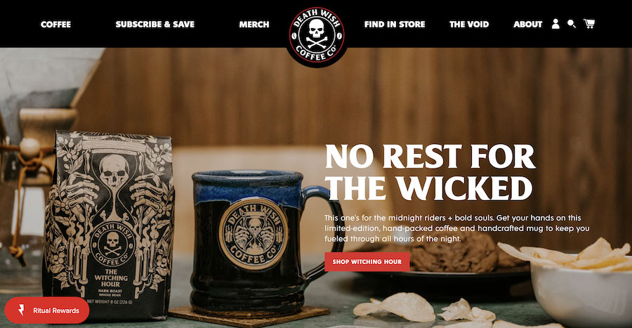 Death Wish Coffee's USP seen on its homepage: No Rest for the Wicked.