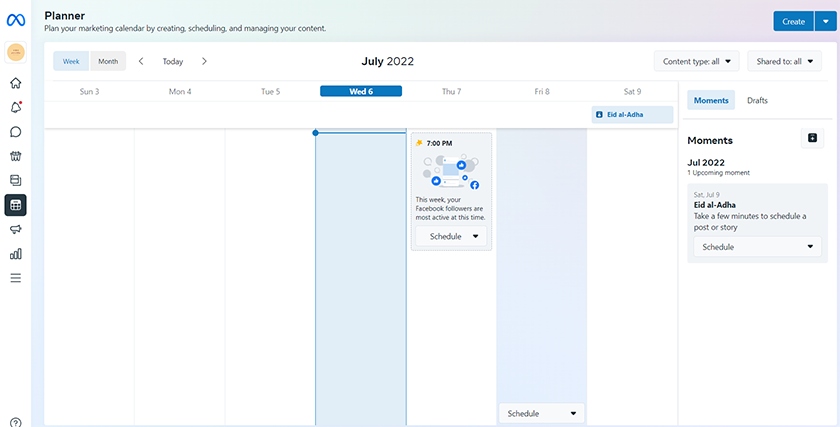 Facebook Page overview of Meta business suite planner.