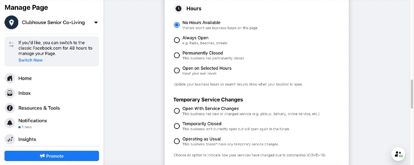 Facebook business page business hours and temporary service changes settings.