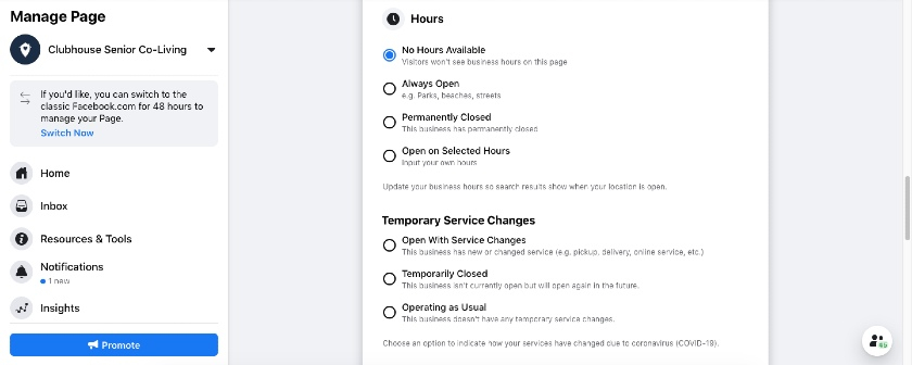 Selecting your page's business hours.