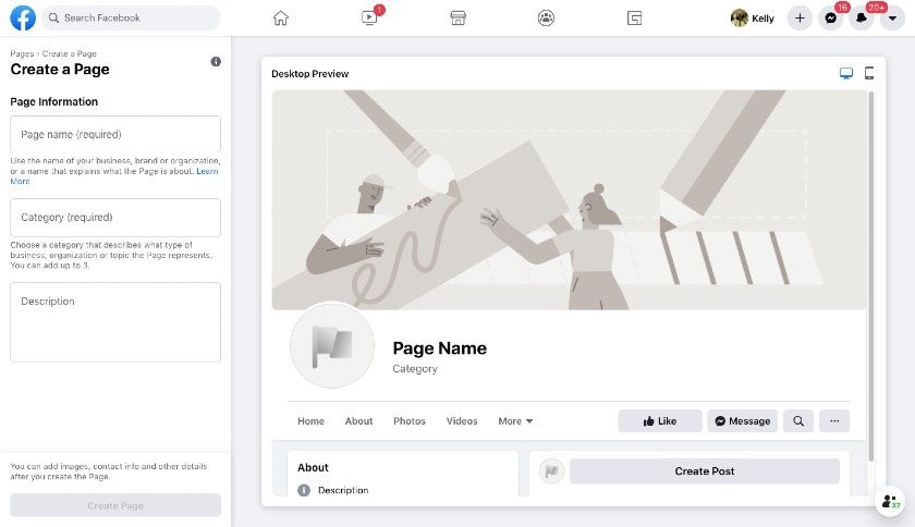Setting up your Facebook page title and category.
