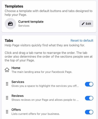 Facebook templates settings.