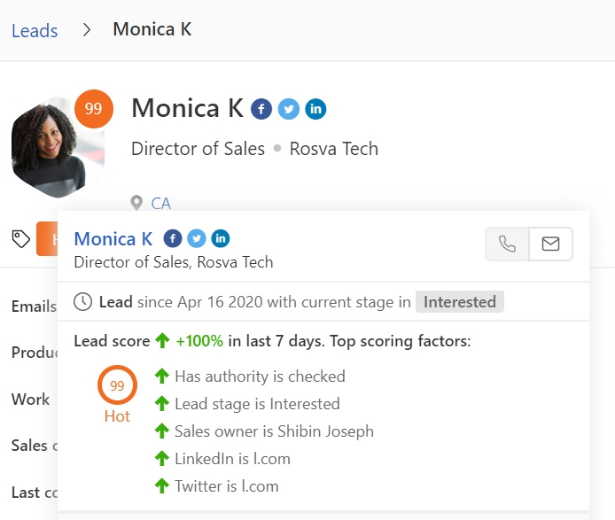 Freshsales lead profile sample of Monika K with Lead Score.
