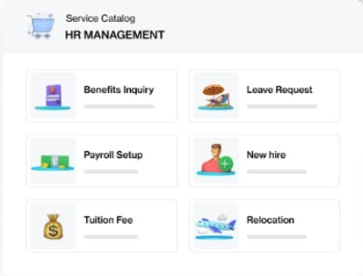 Freshservice's HR Management service catalog serves as an employee self-service hub.