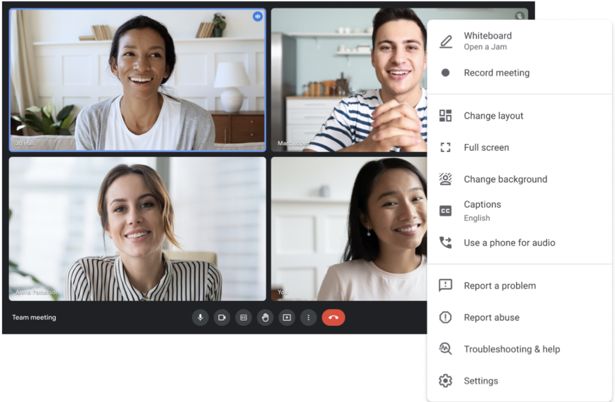 A screenshot of Google Meet's video conferencing tools