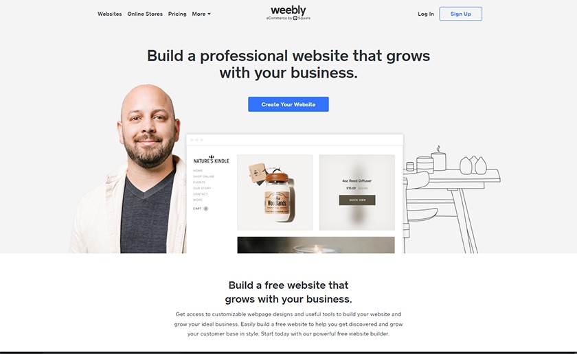 Homepage of Weebly website.