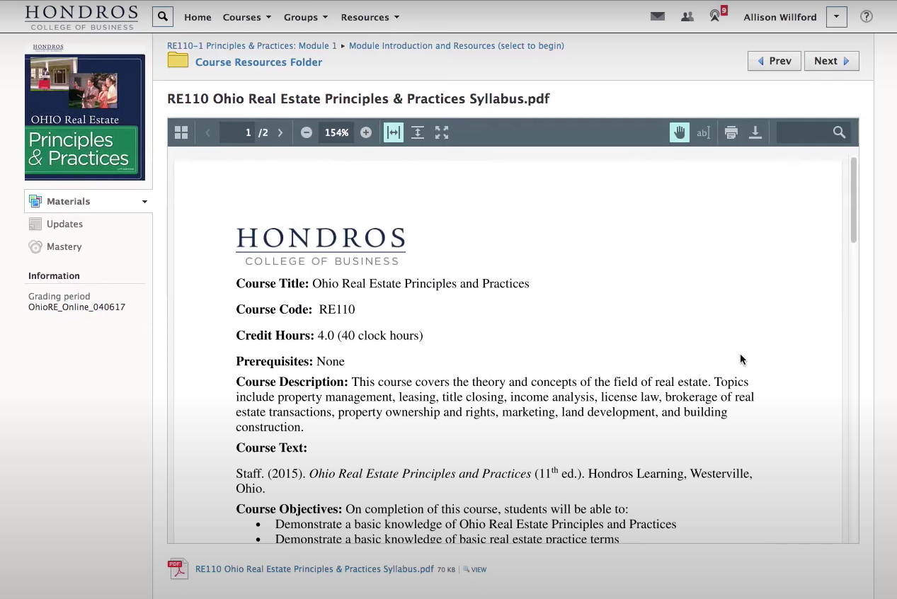 Hondros College of Real Estate Dashboard.