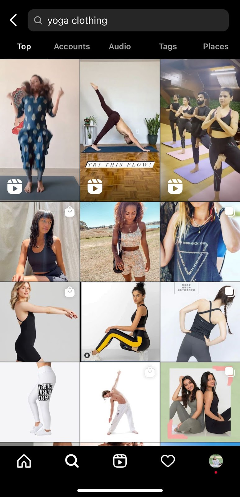 Instagram sample search result about yoga clothing.