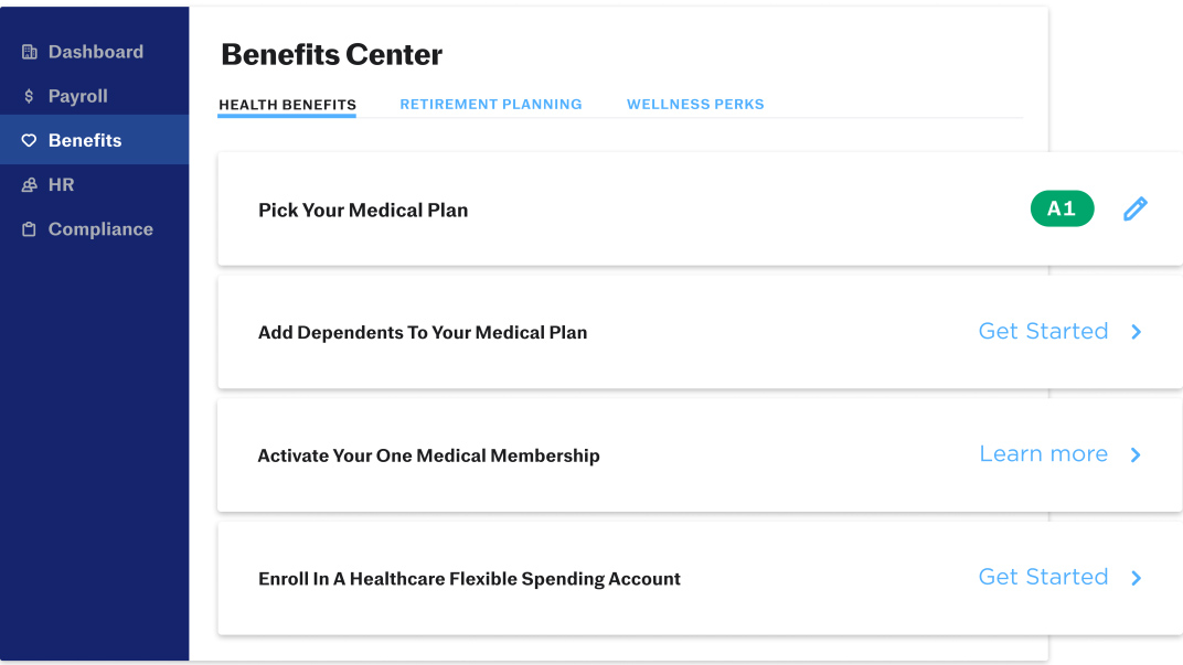 Justworks Benefits Center page to enroll and select health benefits.