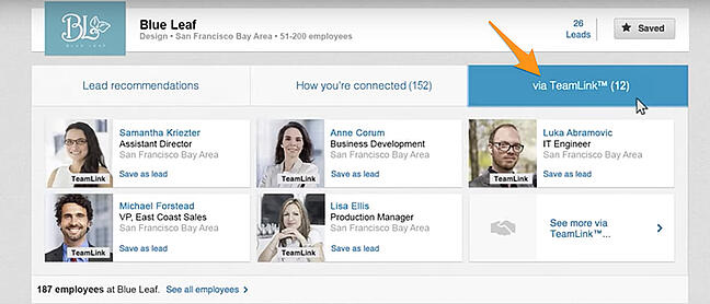 Sample profiles from search results on LinkedIn Sales Navigator TeamLink.