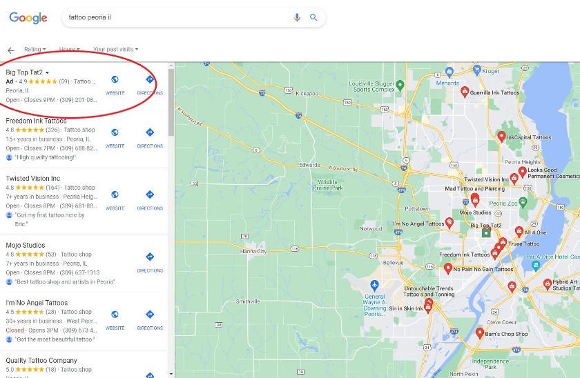 Local search ads appear above organic results in online search.