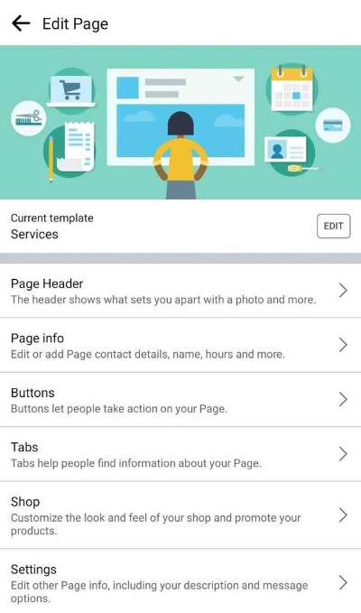 Changing Facebook page templates on mobile.