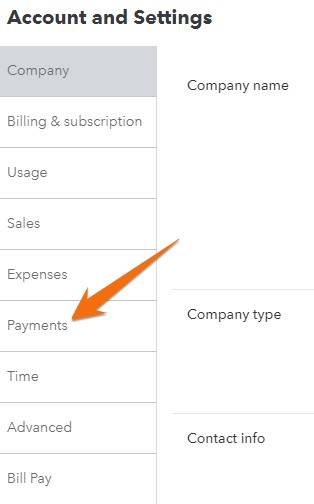 Navigating to Payments settings in QuickBooks Online.