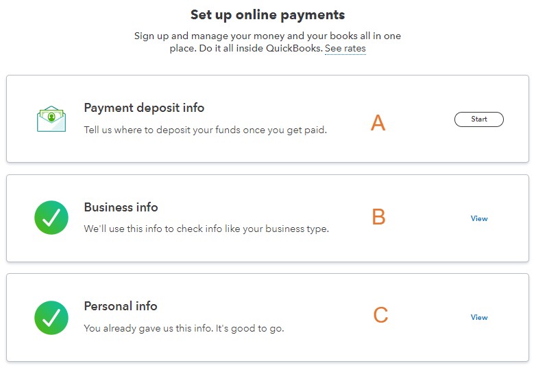 Payments account application in QuickBooks.