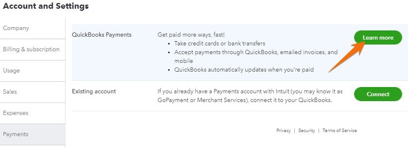Starting a QuickBooks Payments application in QuickBooks Online.