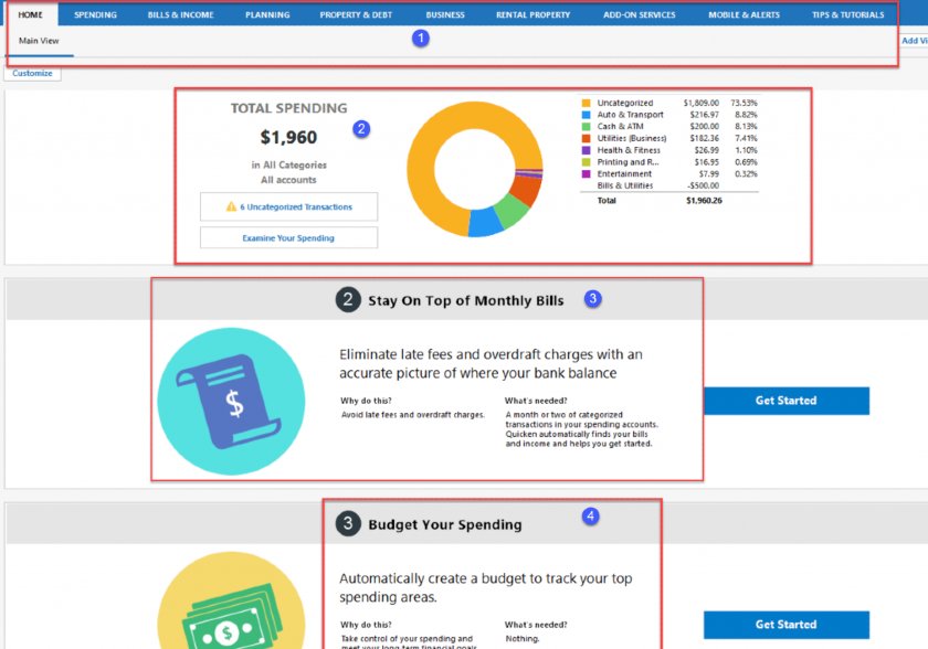 Screenshot of Quicken dashboard.