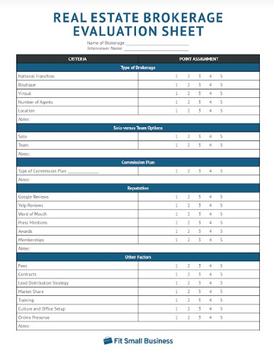 Real Estate Brokerage Evaluation Sheet preview.