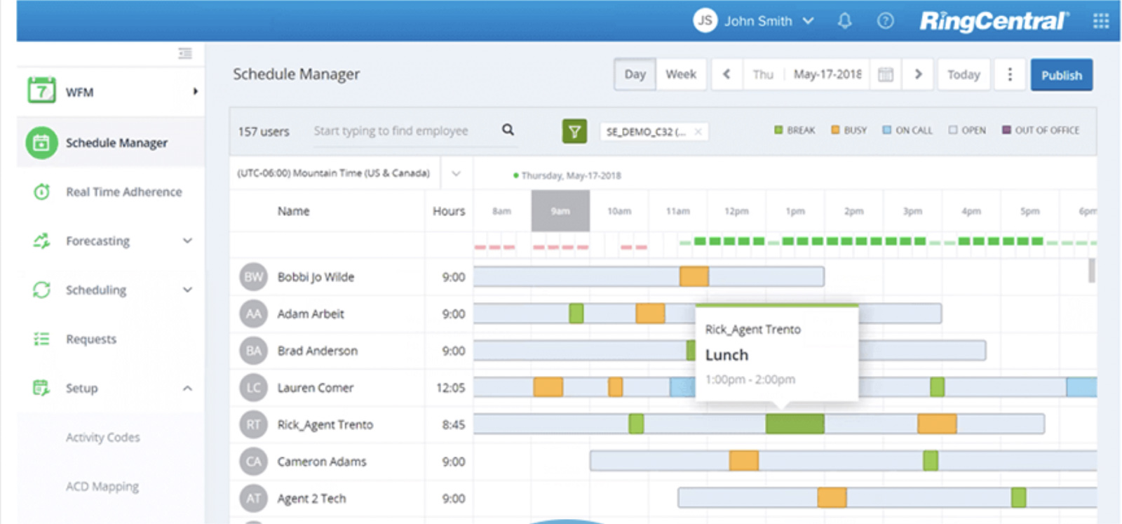 RingCentral Contact Center schedule manager page.