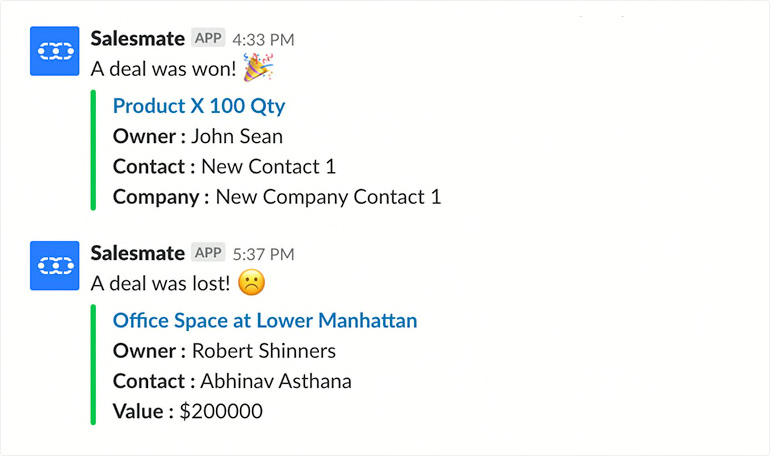 Sample of Slack message from Salesmate.