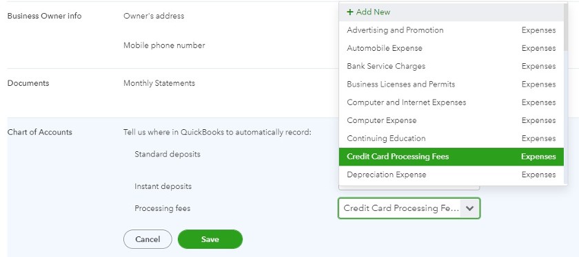 Selecting an account to record credit card processing fees.