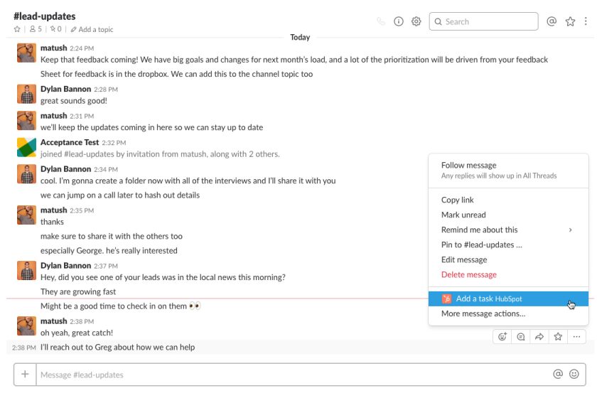 Slack sample channel conversation and adding task to HubSpot.
