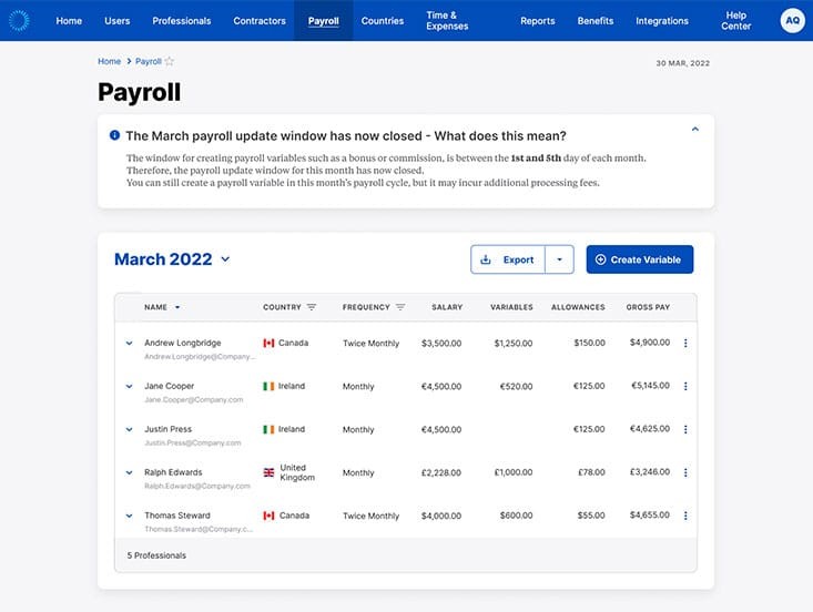 Snapshot of Globalization Partners’ payroll dashboard.