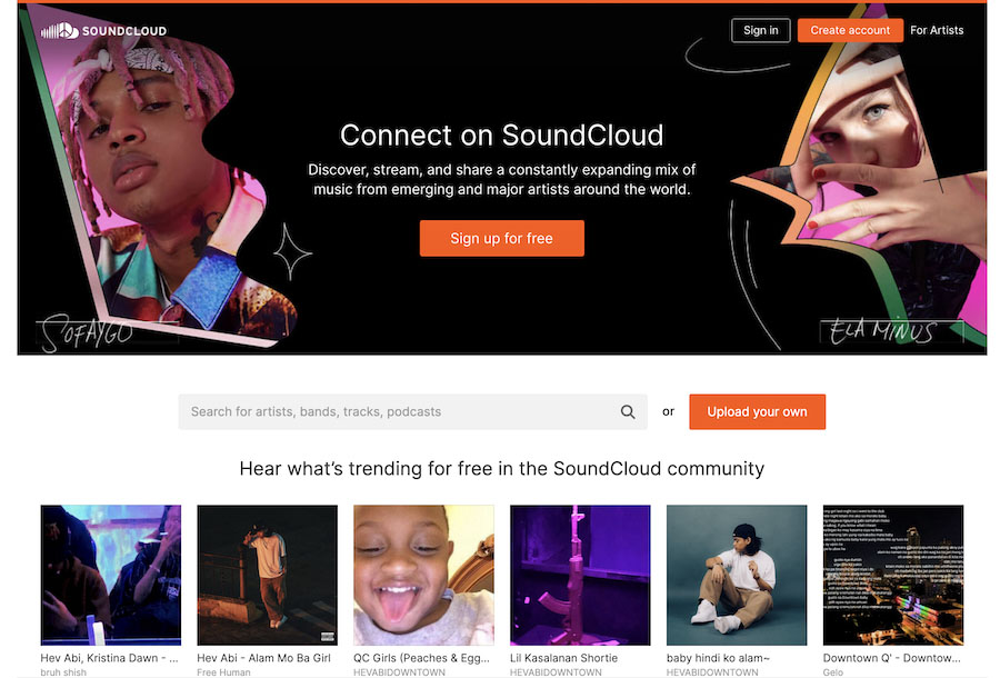 SoundCloud's USP on its homepage touting it as the place to connect via music or podcast.