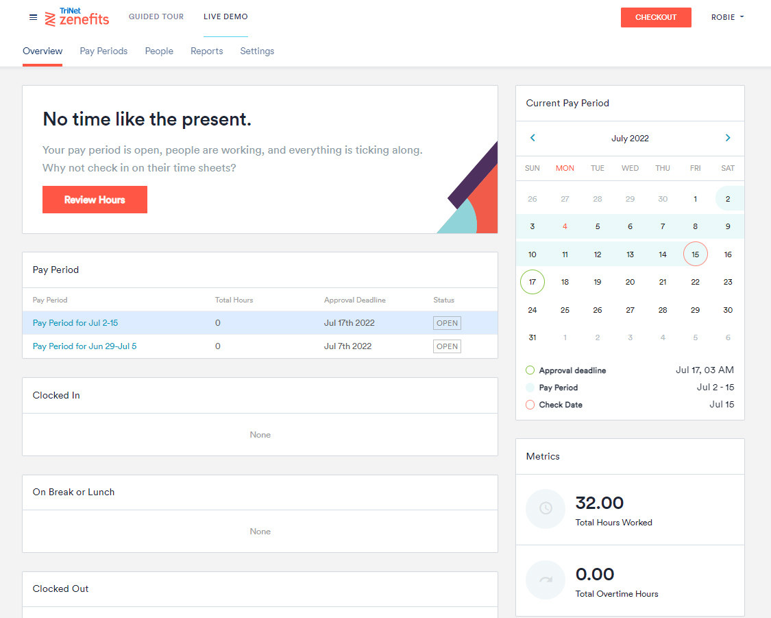 TriNet Zenefits Time and Attendance dashboard.