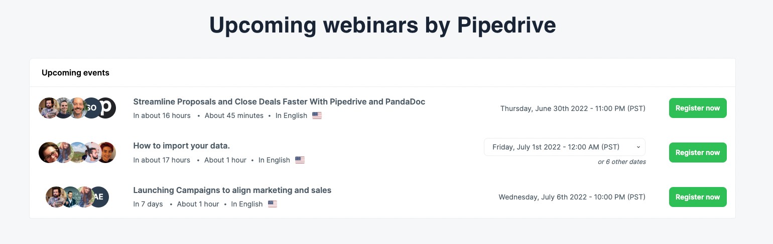 Upcoming Webinars by Pipedrive