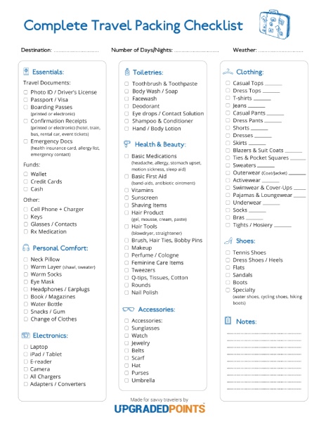 Sample downloadable checklist from a travel website.