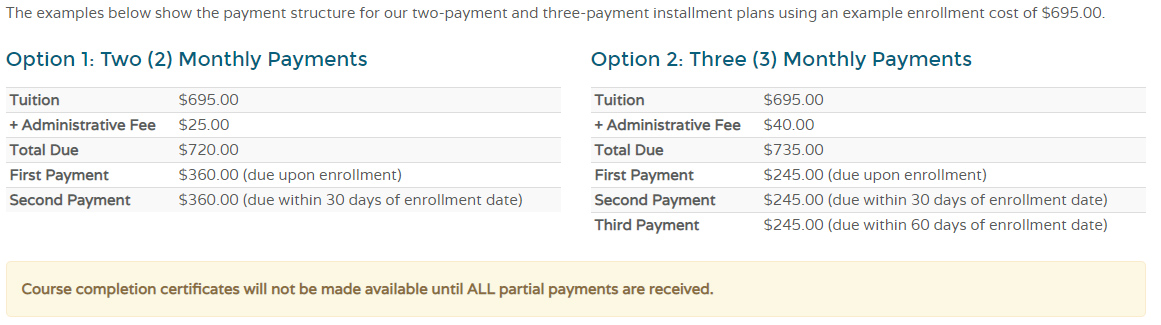 Van Education Center monthly payment options sample.