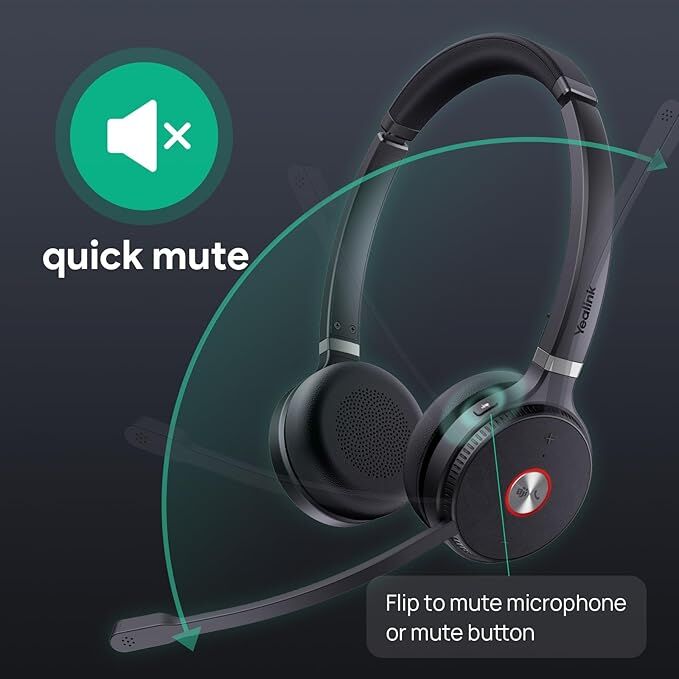 Photo of the WH62 headset with icons about muting and emphasis on muting options.