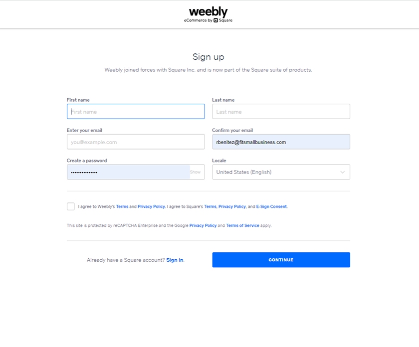 Weebly signup form for creating new account.