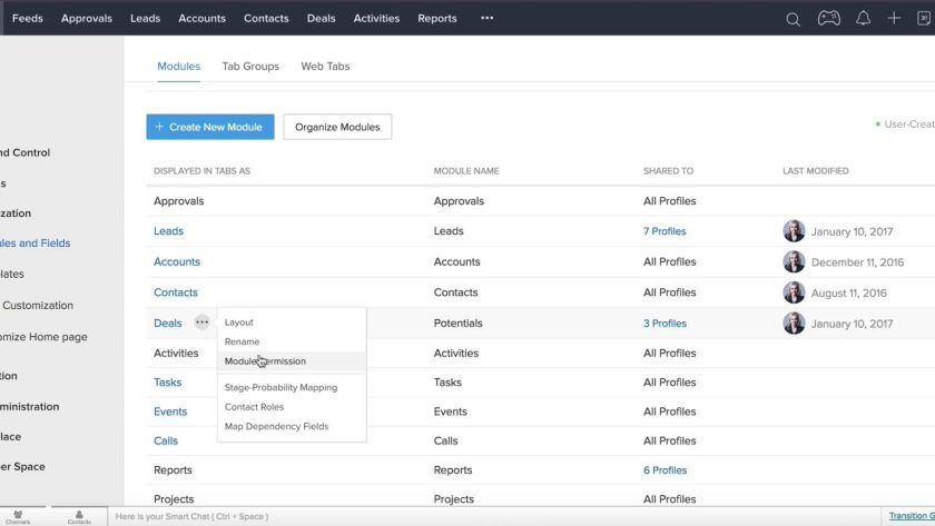 Zoho CRM module customization sample.